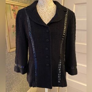 Vintage St John Couture black tweed 3/4 sleeve blazer patent details sz 10 READ